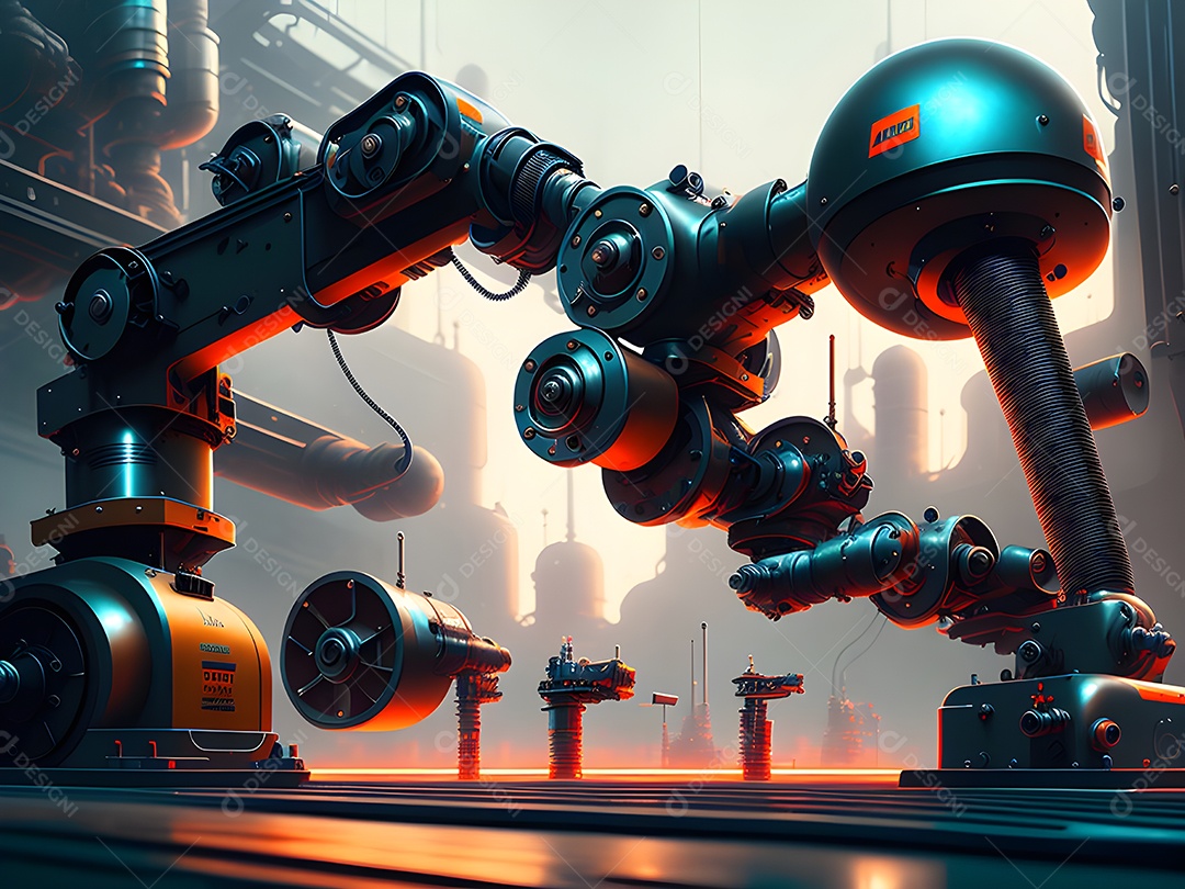 O braço robótico industrial moderno de alta tecnologia na linha de produção da fábrica está sendo soldado. IA generativa.