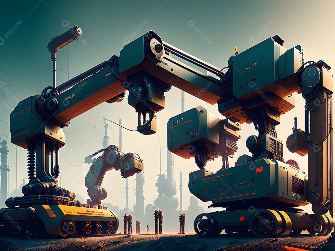 O braço robótico industrial moderno de alta tecnologia na linha de produção da fábrica está sendo soldado. IA generativa.