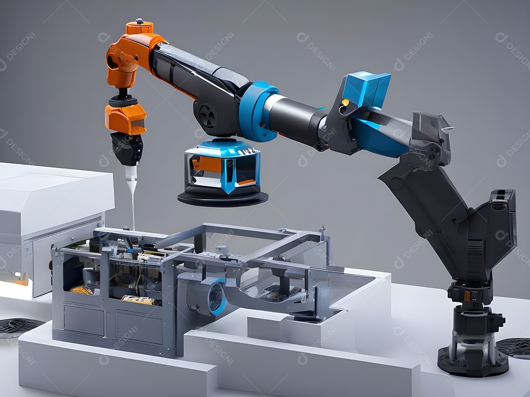 O braço robótico industrial moderno de alta tecnologia na linha de produção da fábrica está sendo soldado. IA generativa.