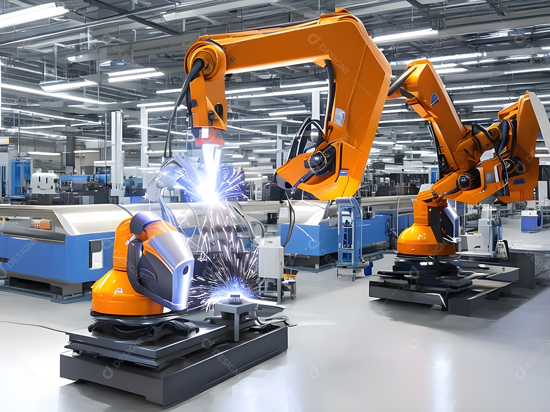 O braço robótico industrial moderno de alta tecnologia na linha de produção da fábrica está sendo soldado. IA generativa.