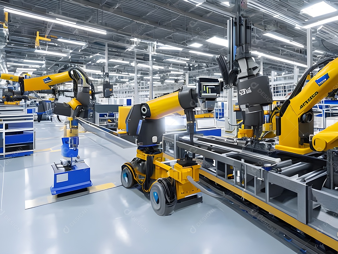 O braço robótico industrial moderno de alta tecnologia na linha de produção da fábrica está sendo soldado. IA generativa.