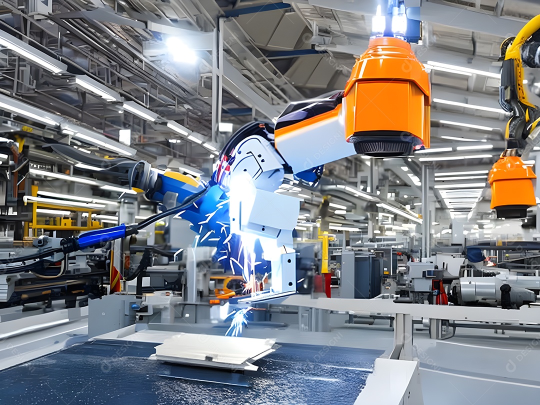 O braço robótico industrial moderno de alta tecnologia na linha de produção da fábrica está sendo soldado. IA generativa.