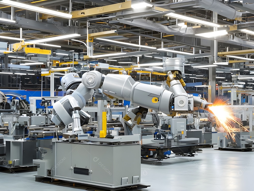 O braço robótico industrial moderno de alta tecnologia na linha de produção da fábrica está sendo soldado. IA generativa.