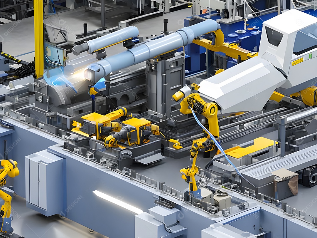 O braço robótico industrial moderno de alta tecnologia na linha de produção da fábrica está sendo soldado. IA generativa.