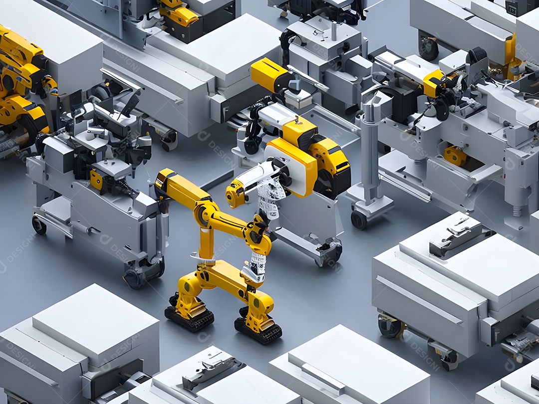 O braço robótico industrial moderno de alta tecnologia na linha de produção da fábrica está sendo soldado. IA generativa.