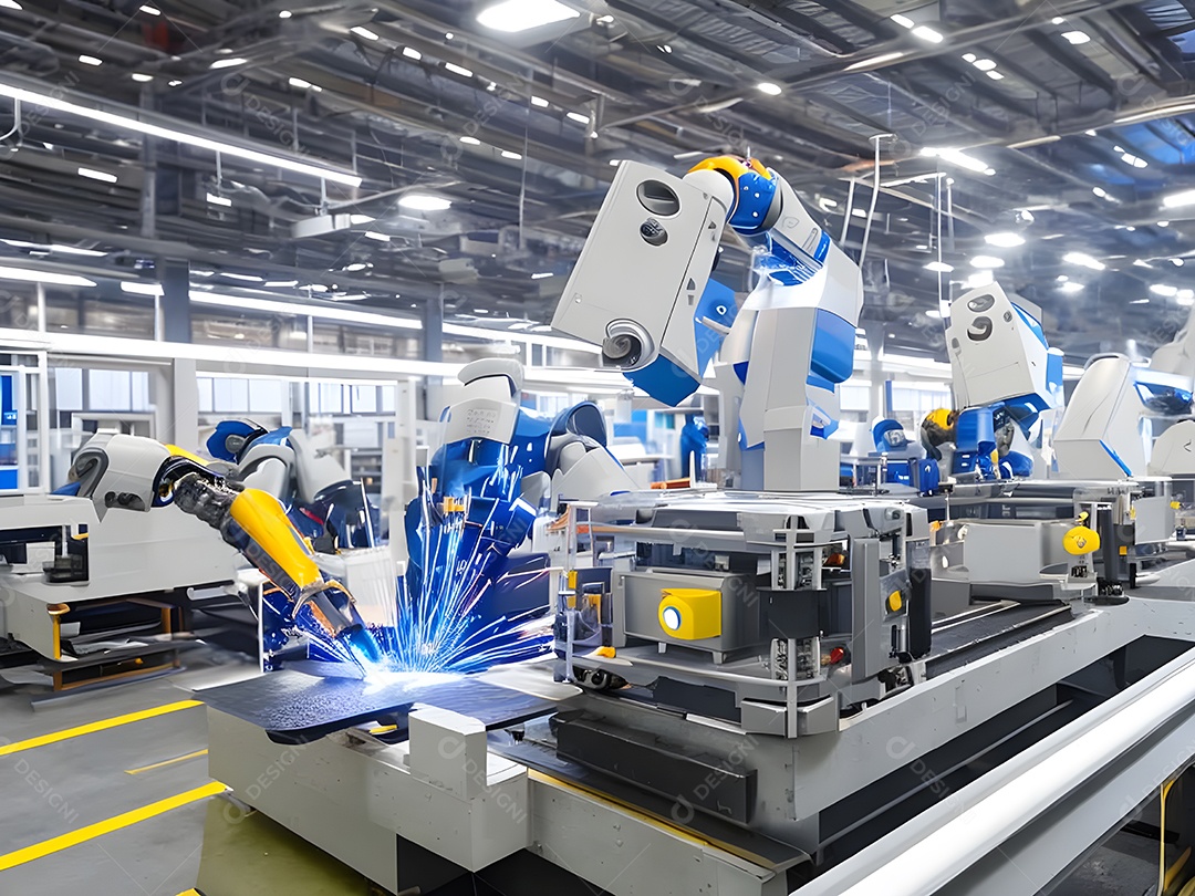 O braço robótico industrial moderno de alta tecnologia na linha de produção da fábrica está sendo soldado. IA generativa.