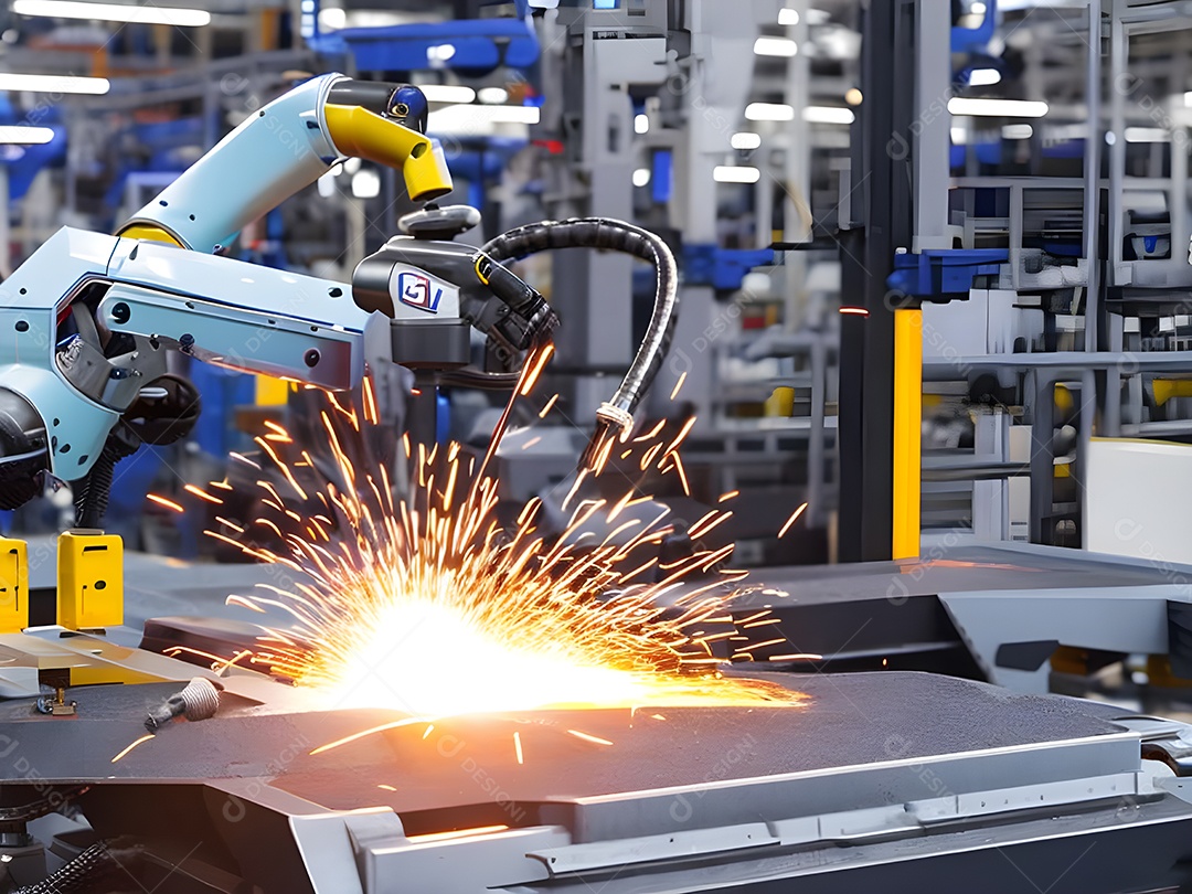 O braço robótico industrial moderno de alta tecnologia na linha de produção da fábrica está sendo soldado. IA generativa.