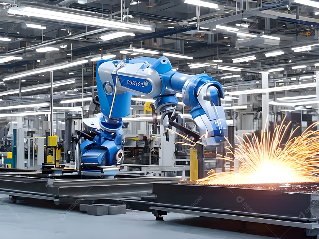 O braço robótico industrial moderno de alta tecnologia na linha de produção da fábrica está sendo soldado. IA generativa.