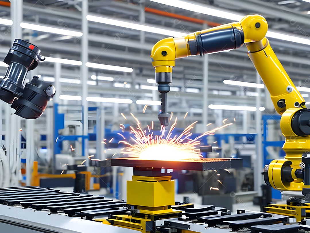 O braço robótico industrial moderno de alta tecnologia na linha de produção da fábrica está sendo soldado. IA generativa.