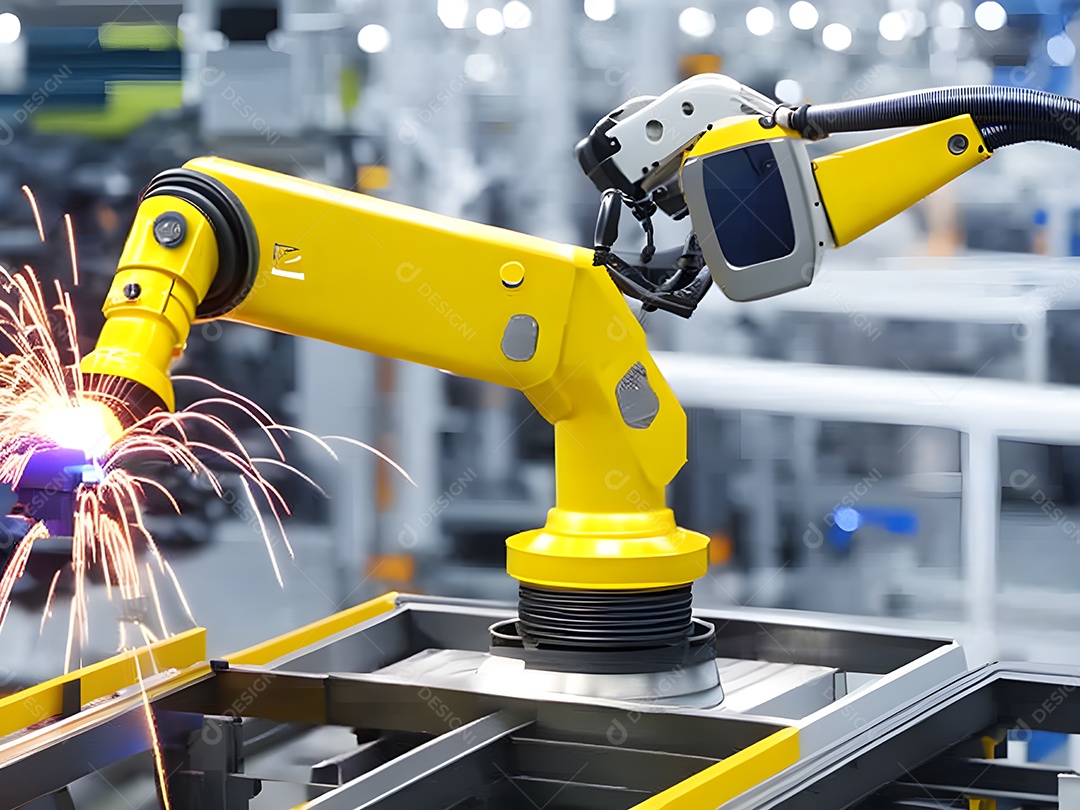 O braço robótico industrial moderno de alta tecnologia na linha de produção da fábrica está sendo soldado. IA generativa.