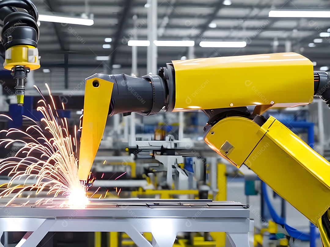 O braço robótico industrial moderno de alta tecnologia na linha de produção da fábrica está sendo soldado. IA generativa.