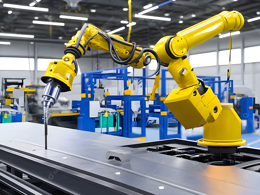 O braço robótico industrial moderno de alta tecnologia na linha de produção da fábrica está sendo soldado. IA generativa.