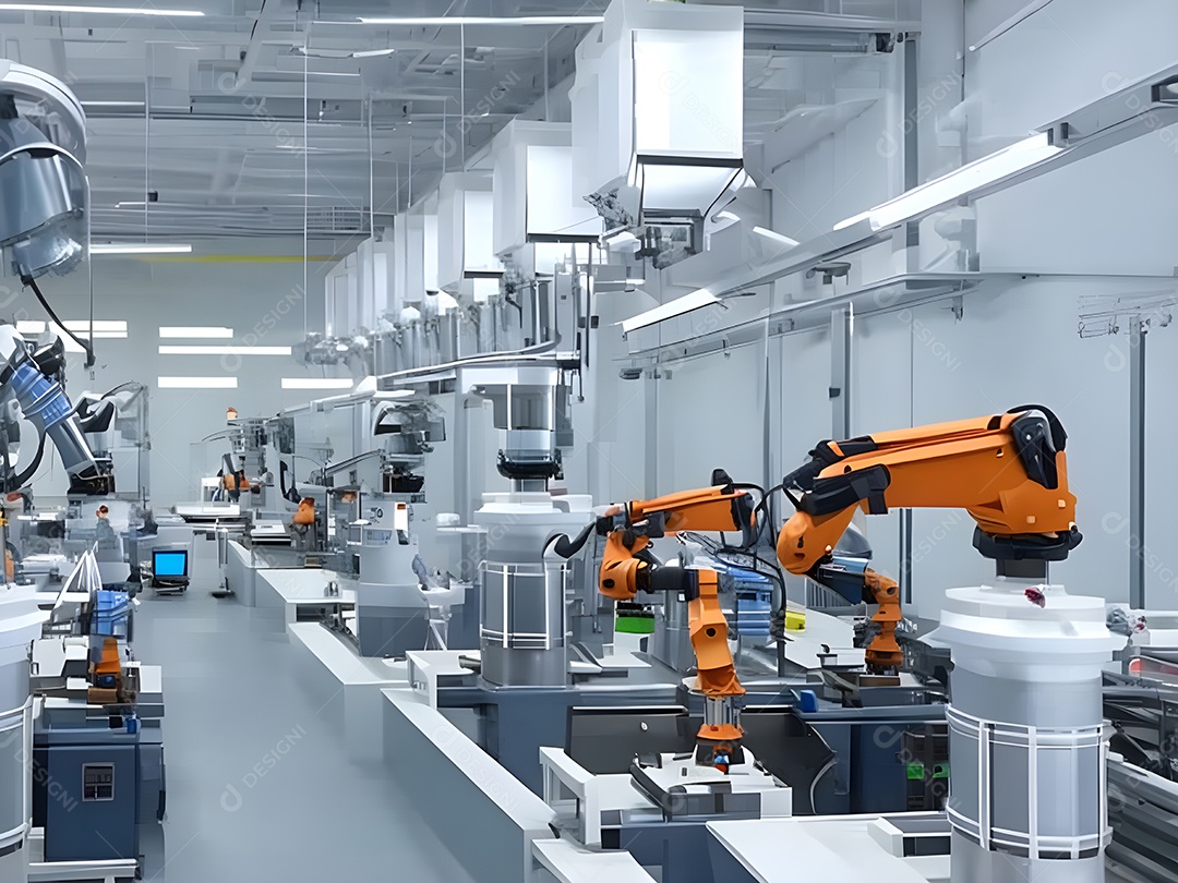 O braço robótico industrial moderno de alta tecnologia na linha de produção da fábrica está sendo soldado. IA generativa.