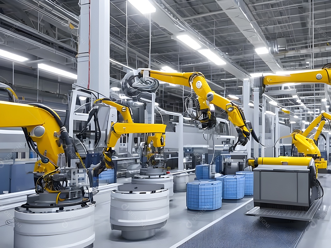 O braço robótico industrial moderno de alta tecnologia na linha de produção da fábrica está sendo soldado. IA generativa.