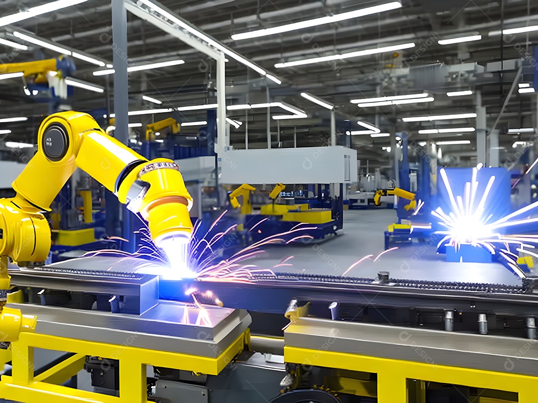 O braço robótico industrial moderno de alta tecnologia na linha de produção da fábrica está sendo soldado. IA generativa.