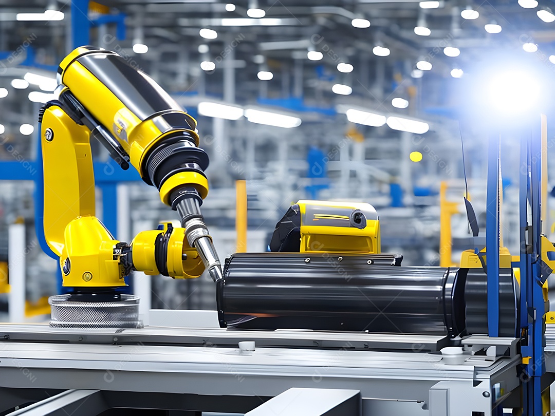 O braço robótico industrial moderno de alta tecnologia na linha de produção da fábrica está sendo soldado. IA generativa.