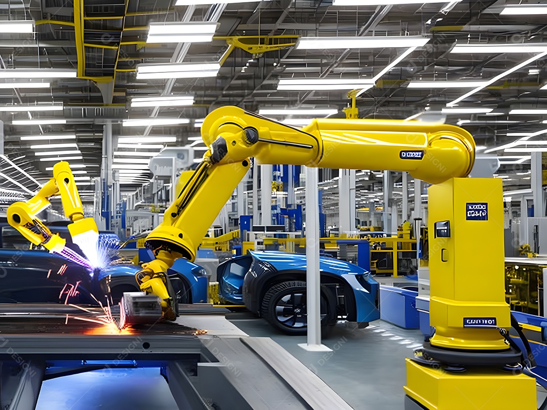 O braço robótico industrial moderno de alta tecnologia na linha de produção da fábrica está sendo soldado. IA generativa.