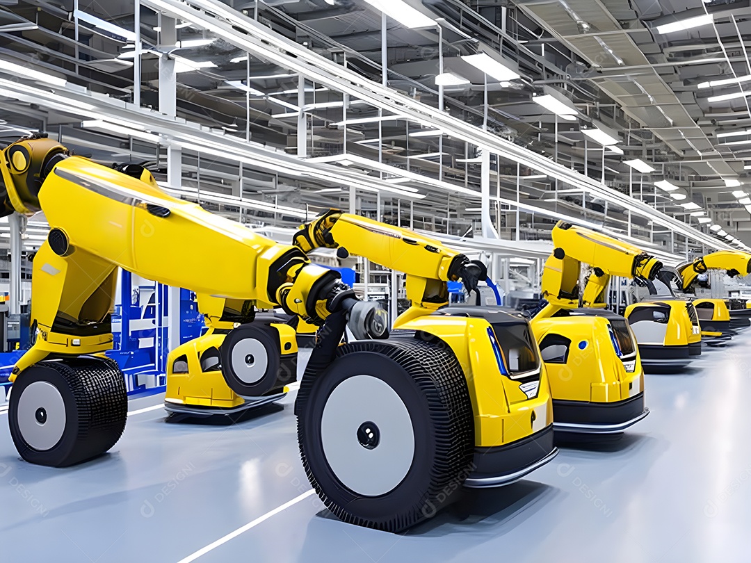 O braço robótico industrial moderno de alta tecnologia na linha de produção da fábrica está sendo soldado. IA generativa.