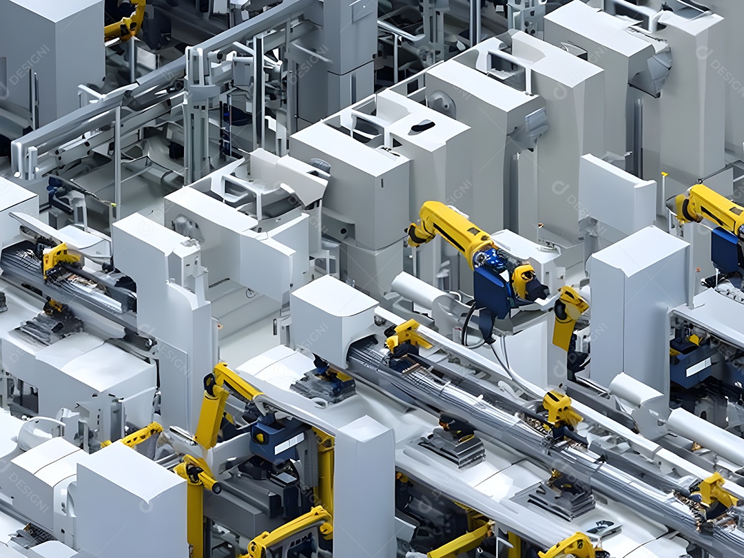 O braço robótico industrial moderno de alta tecnologia na linha de produção da fábrica está sendo soldado. IA generativa.