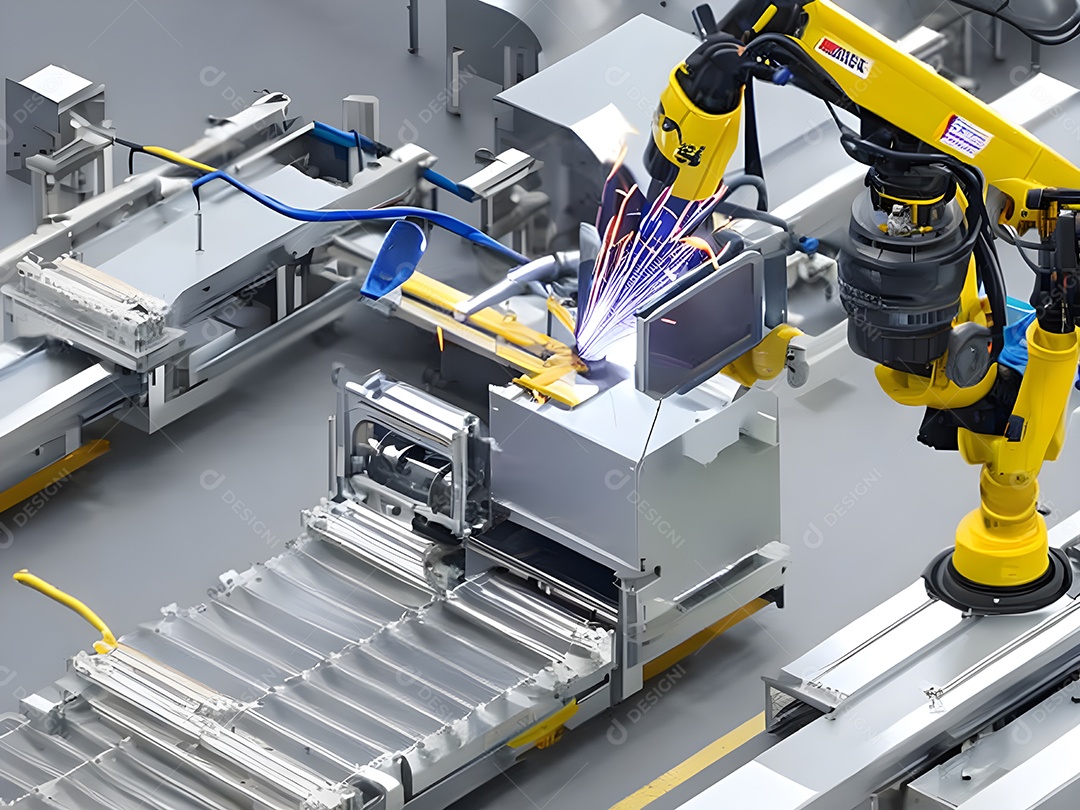 O braço robótico industrial moderno de alta tecnologia na linha de produção da fábrica está sendo soldado.