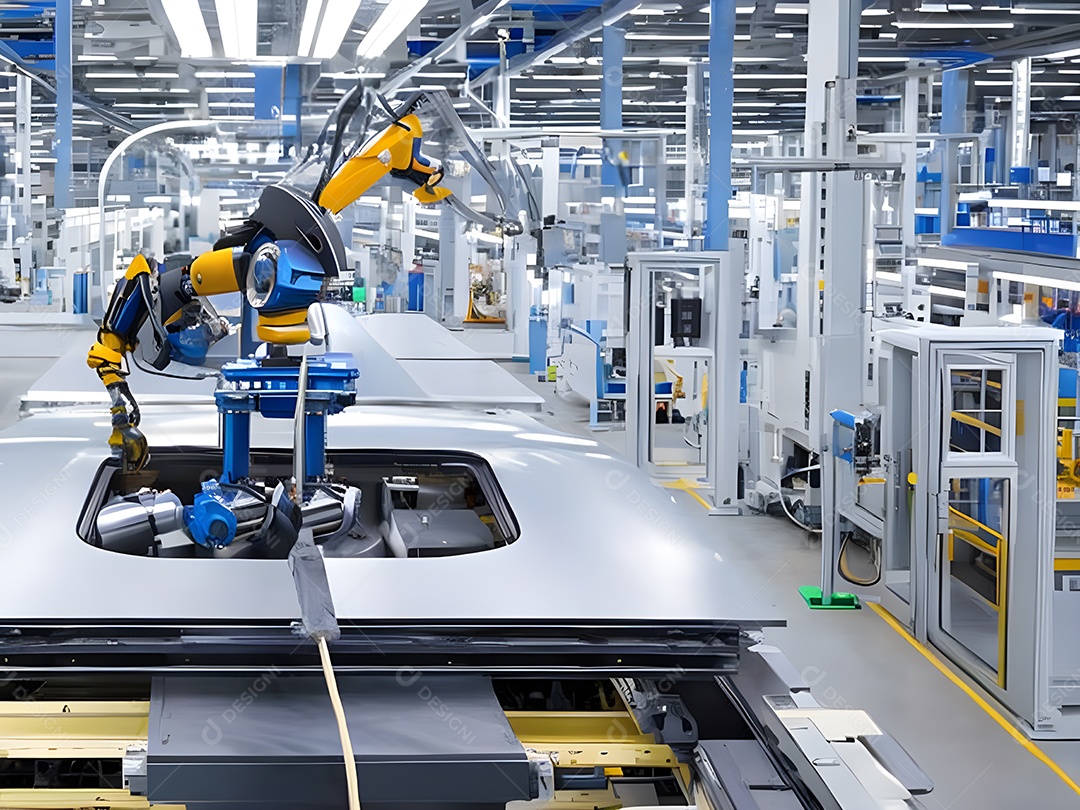 O braço robótico industrial moderno de alta tecnologia na linha de produção da fábrica está sendo soldado.