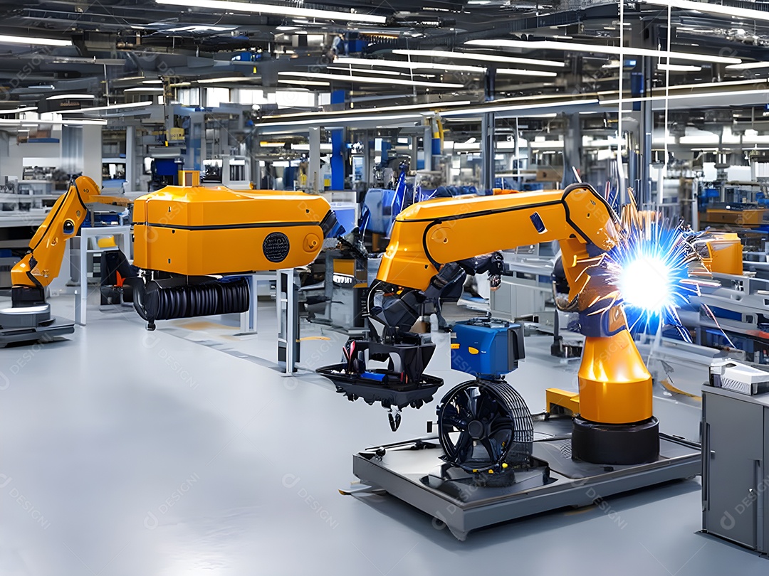 O braço robótico industrial moderno de alta tecnologia na linha de produção da fábrica está sendo soldado.