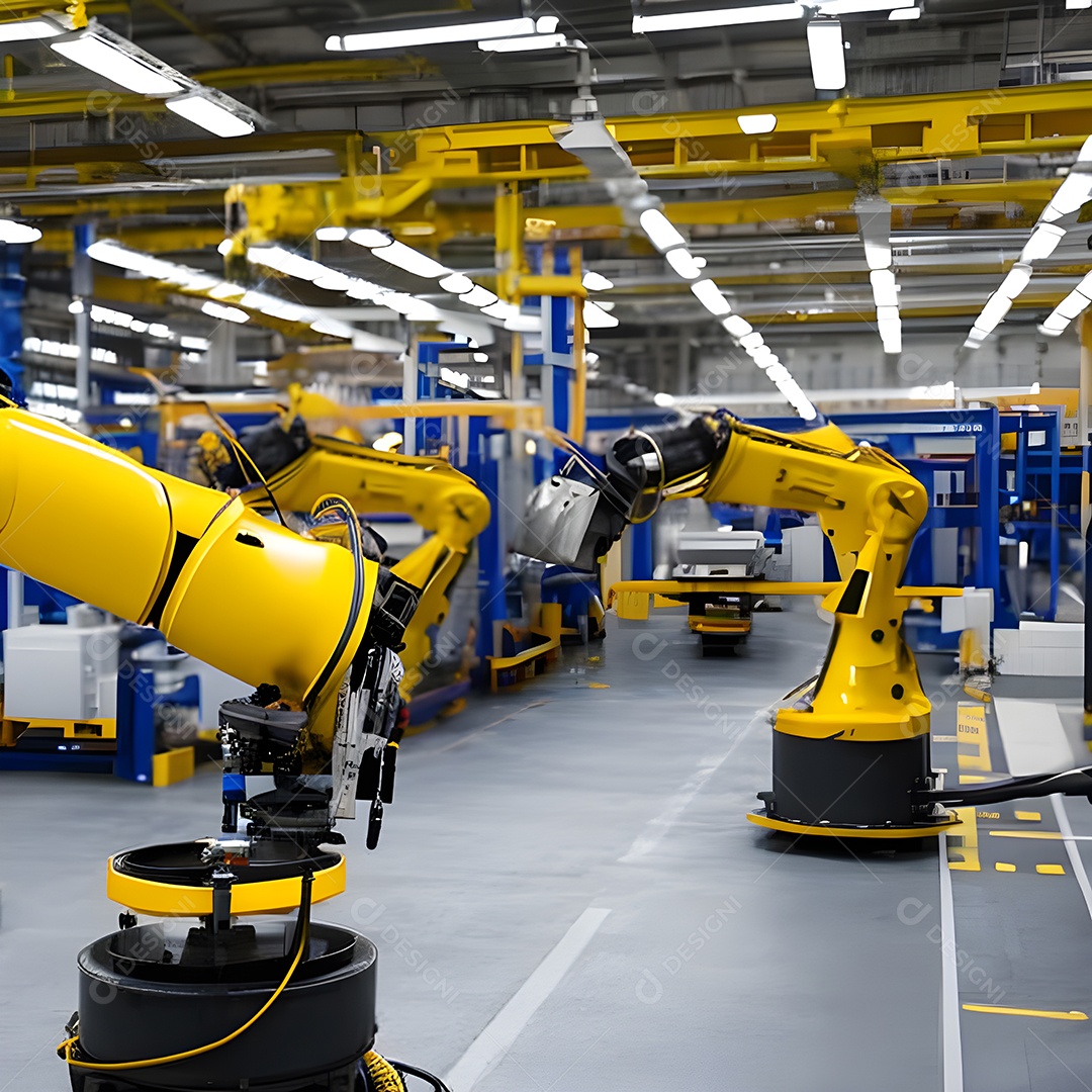 O braço robótico industrial moderno de alta tecnologia na linha de produção da fábrica está sendo soldado.