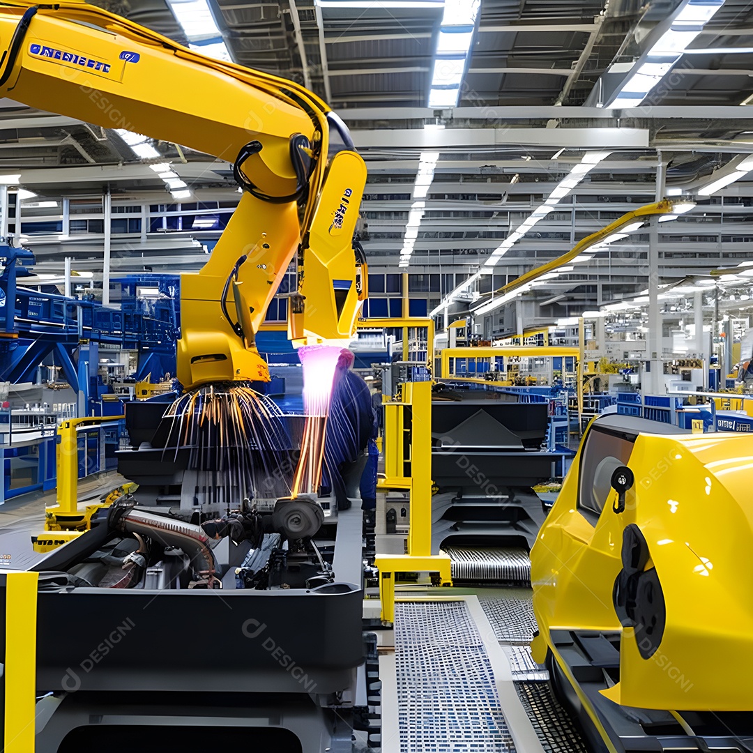 O braço robótico industrial moderno de alta tecnologia na linha de produção da fábrica está sendo soldado.