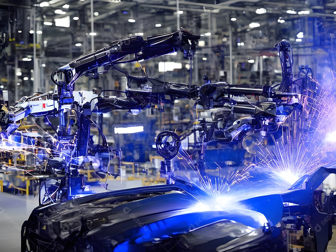 O braço robótico industrial moderno de alta tecnologia na linha de produção da fábrica está sendo soldado.