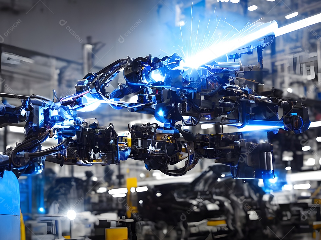 O braço robótico industrial moderno de alta tecnologia na linha de produção da fábrica está sendo soldado.