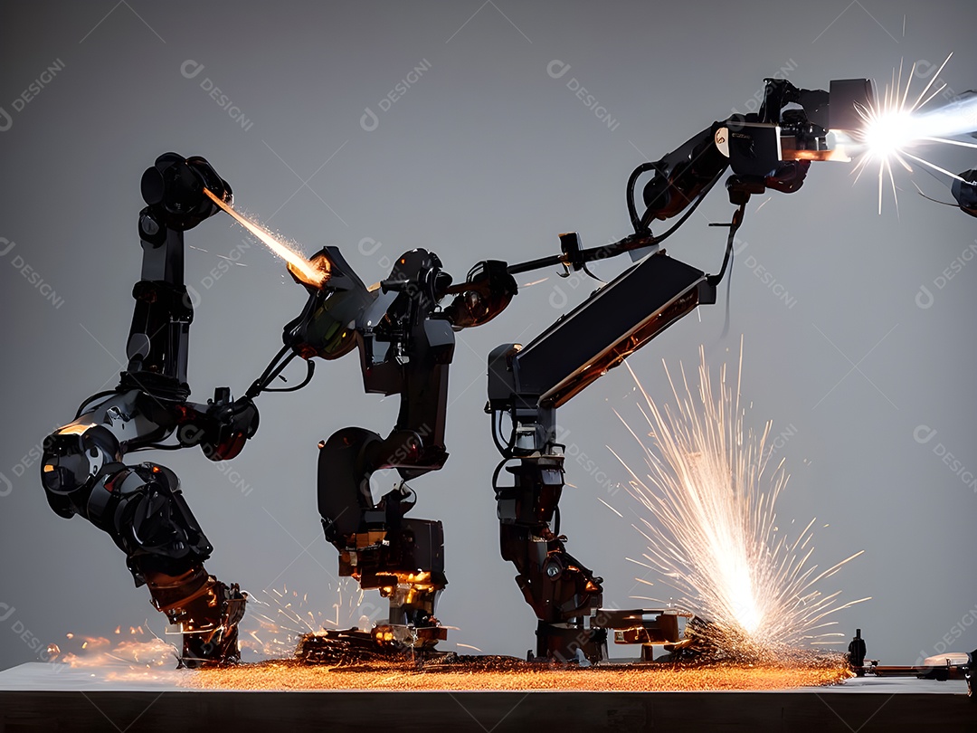 O braço robótico industrial moderno de alta tecnologia na linha de produção da fábrica está sendo soldado.