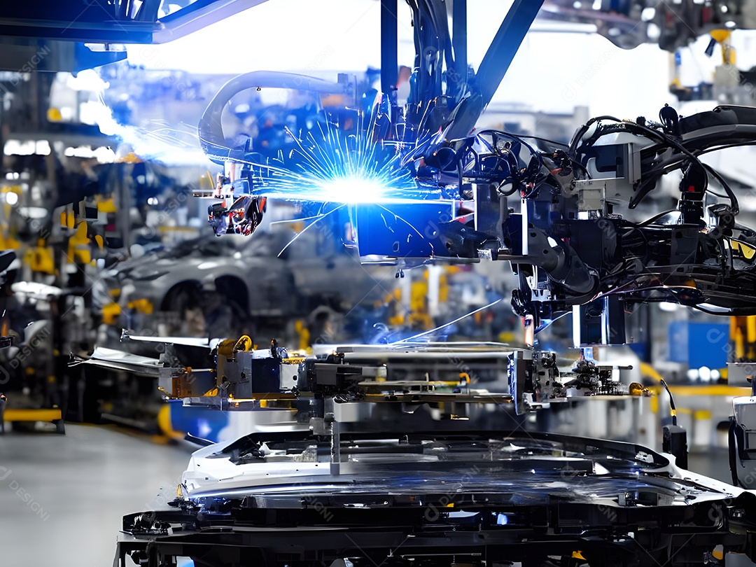 O braço robótico industrial moderno de alta tecnologia na linha de produção da fábrica está sendo soldado.