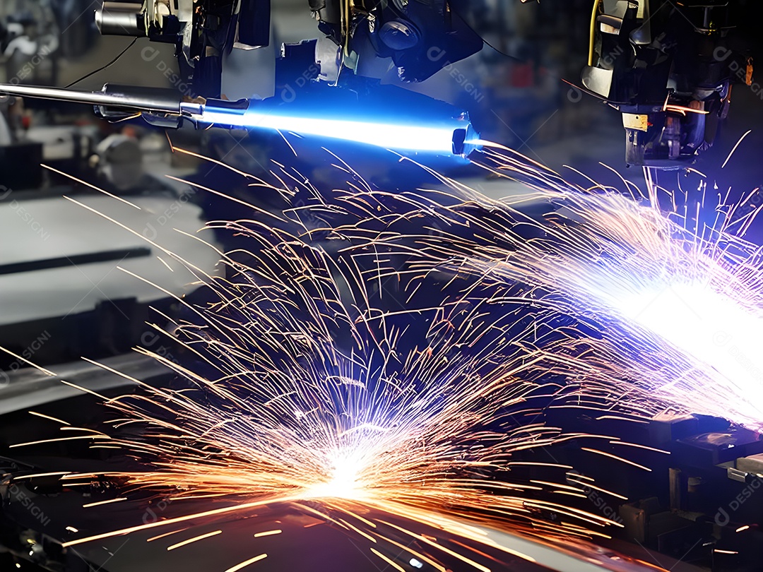 O braço robótico industrial moderno de alta tecnologia na linha de produção da fábrica está sendo soldado.