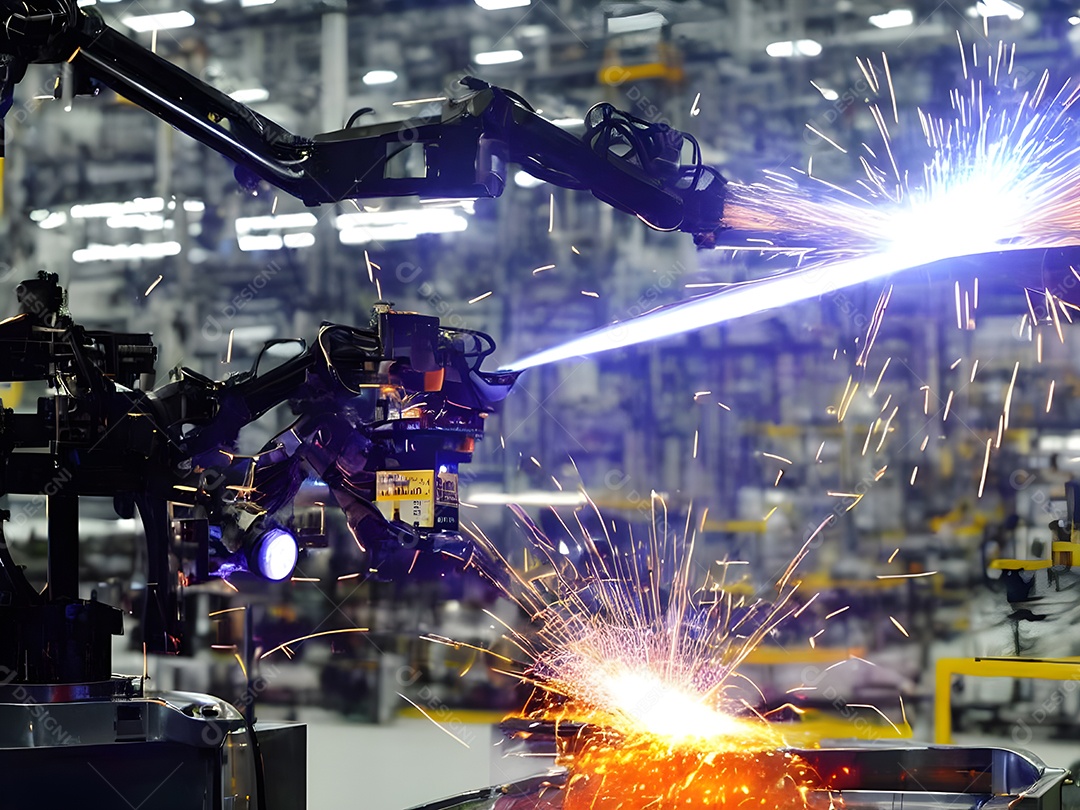 O braço robótico industrial moderno de alta tecnologia na linha de produção da fábrica está sendo soldado.