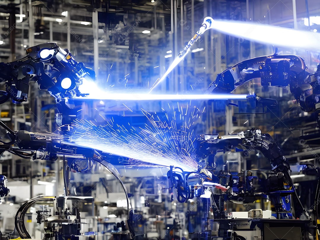 O braço robótico industrial moderno de alta tecnologia na linha de produção da fábrica está sendo soldado.