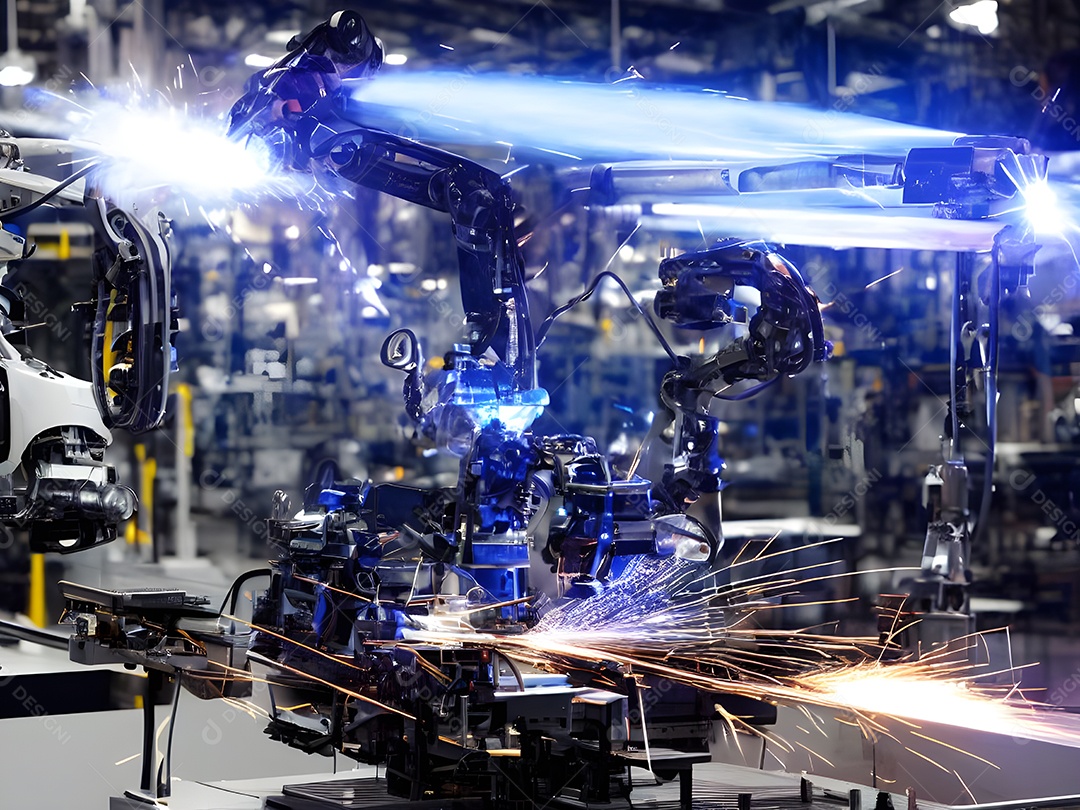 O braço robótico industrial moderno de alta tecnologia na linha de produção da fábrica está sendo soldado.