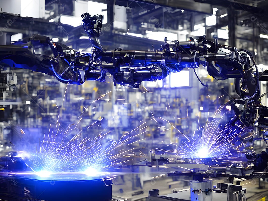 O braço robótico industrial moderno de alta tecnologia na linha de produção da fábrica está sendo soldado.