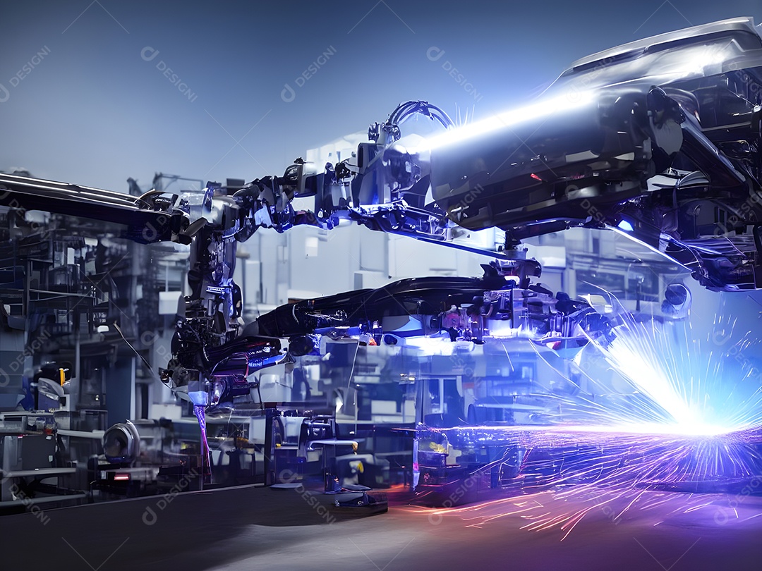 O braço robótico industrial moderno de alta tecnologia na linha de produção da fábrica está sendo soldado.