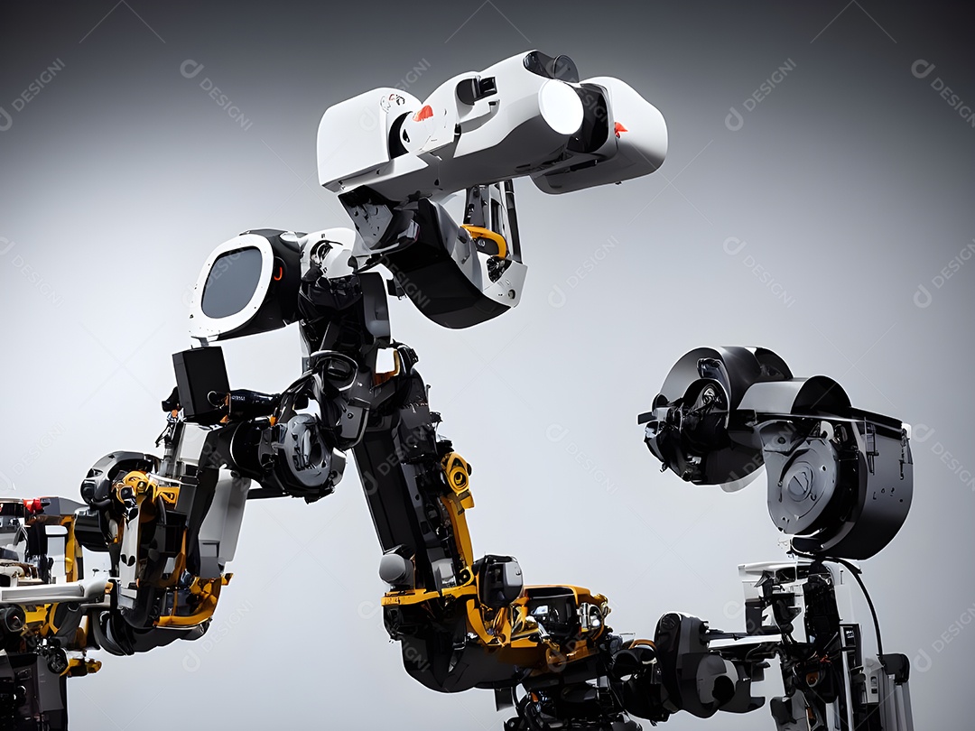 O braço robótico industrial moderno de alta tecnologia na linha de produção da fábrica está sendo soldado.