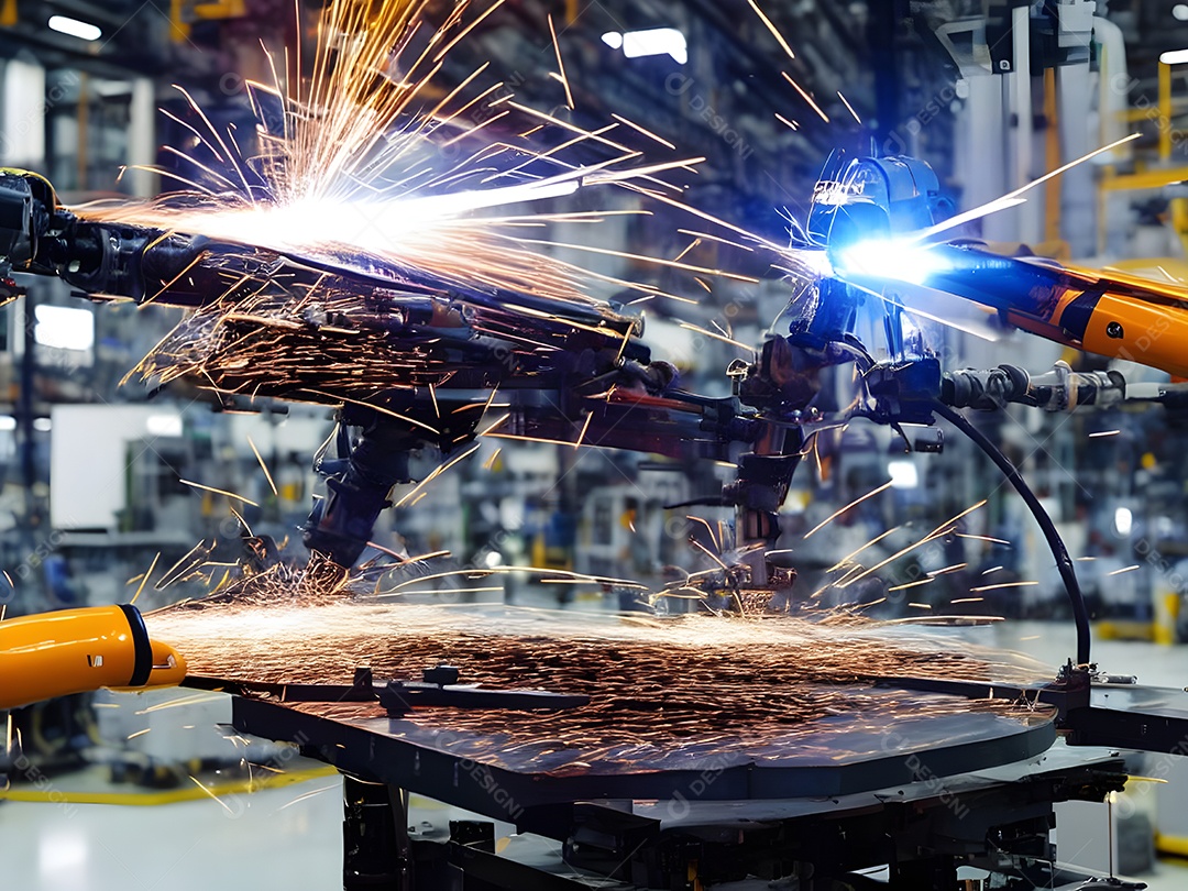 O braço robótico industrial moderno de alta tecnologia na linha de produção da fábrica está sendo soldado.