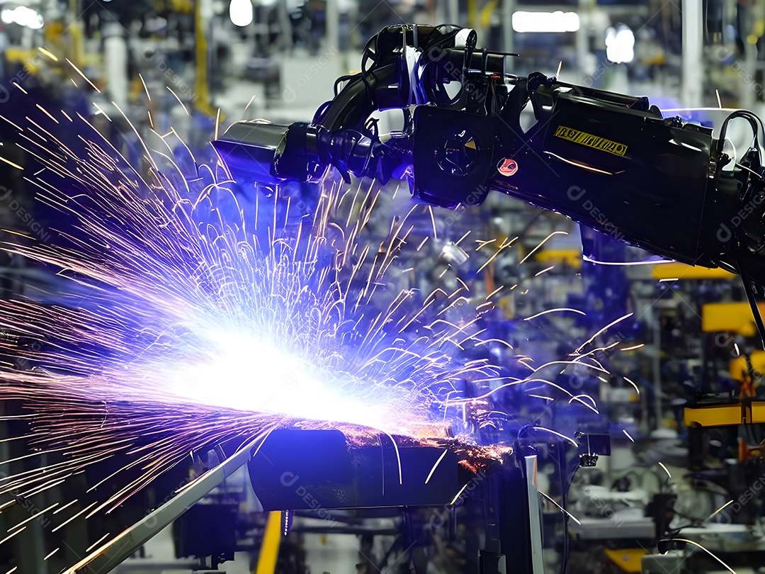 O braço robótico industrial moderno de alta tecnologia na linha de produção da fábrica está sendo soldado.