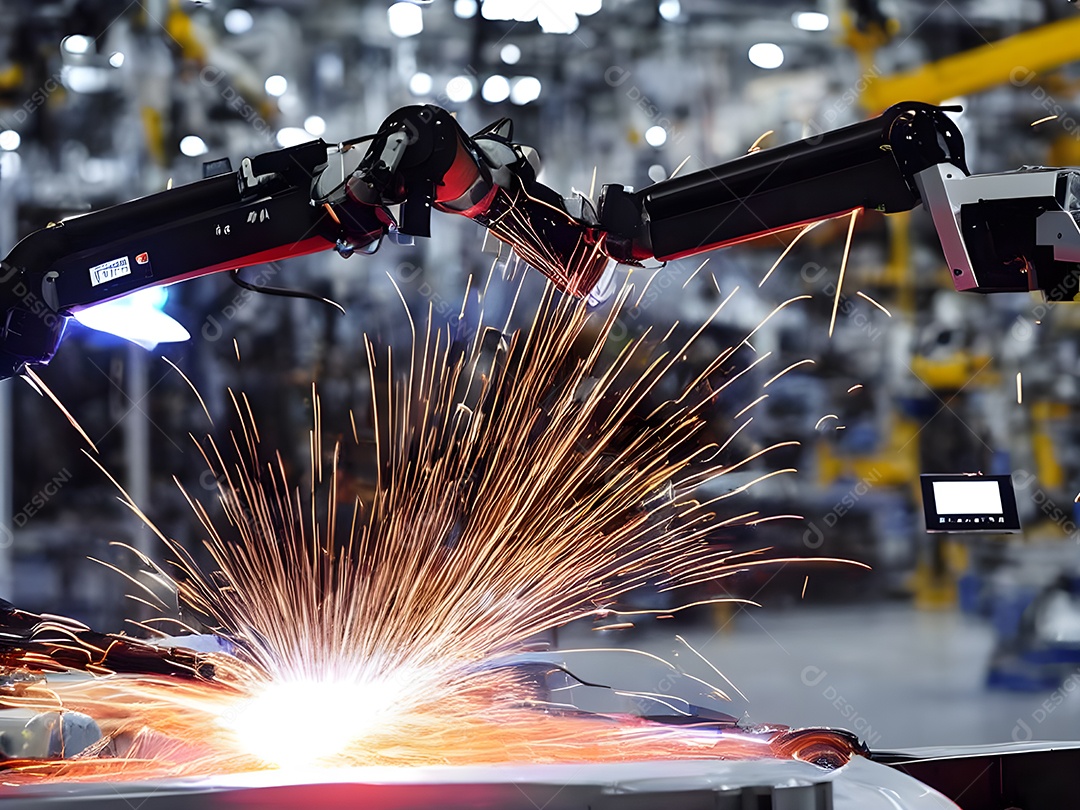 O braço robótico industrial moderno de alta tecnologia na linha de produção da fábrica está sendo soldado.