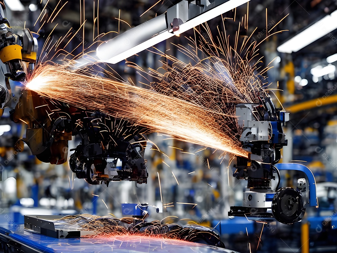 O braço robótico industrial moderno de alta tecnologia na linha de produção da fábrica está sendo soldado.