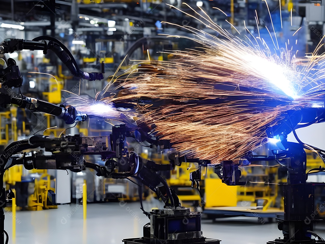 O braço robótico industrial moderno de alta tecnologia na linha de produção da fábrica está sendo soldado.