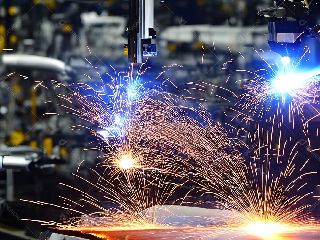 O braço robótico industrial moderno de alta tecnologia na linha de produção da fábrica está sendo soldado.