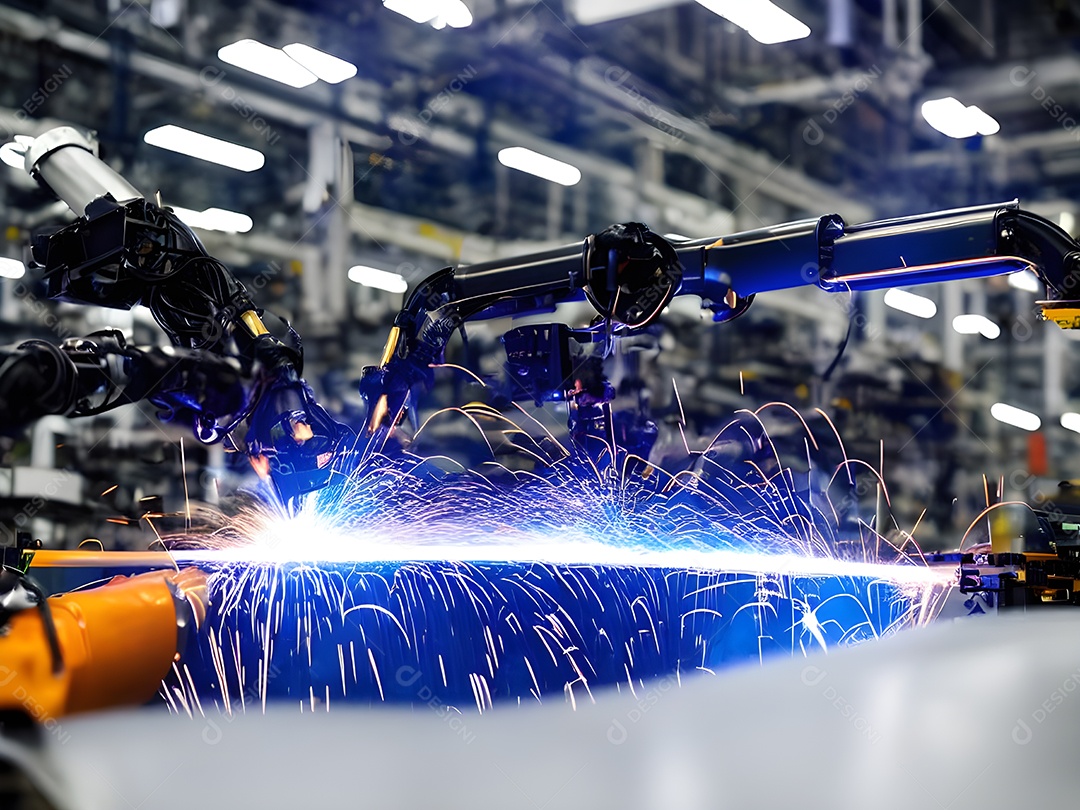O braço robótico industrial moderno de alta tecnologia na linha de produção da fábrica está sendo soldado.