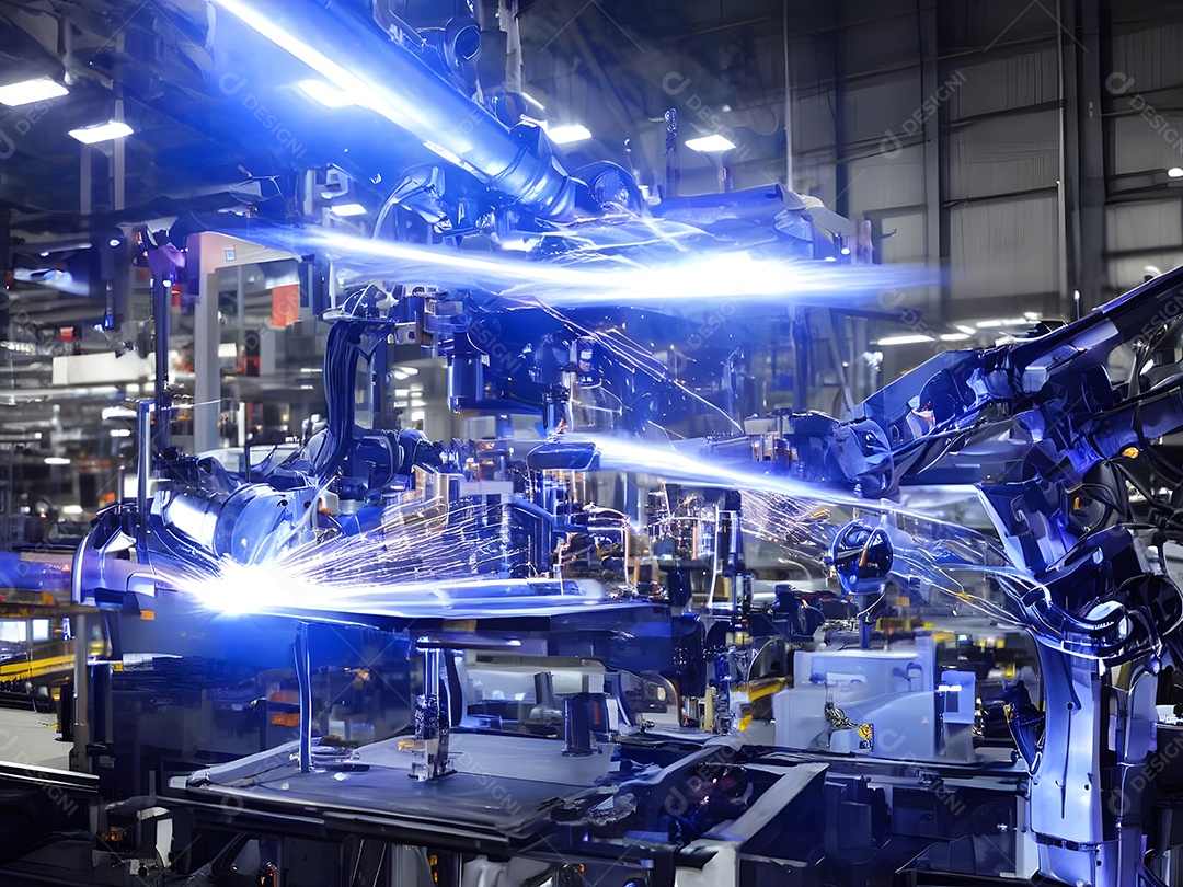 O braço robótico industrial moderno de alta tecnologia na linha de produção da fábrica está sendo soldado.