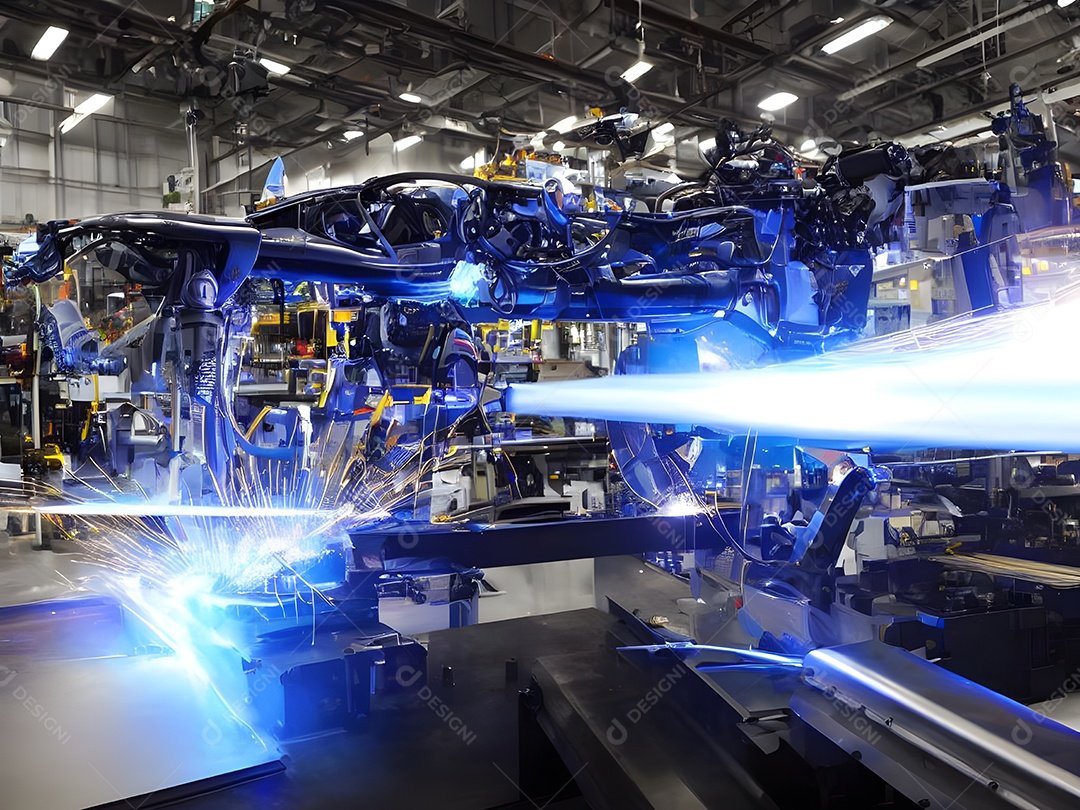 O braço robótico industrial moderno de alta tecnologia na linha de produção da fábrica está sendo soldado.