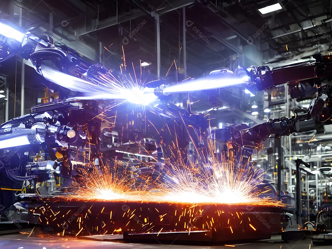 O braço robótico industrial moderno de alta tecnologia na linha de produção da fábrica está sendo soldado.