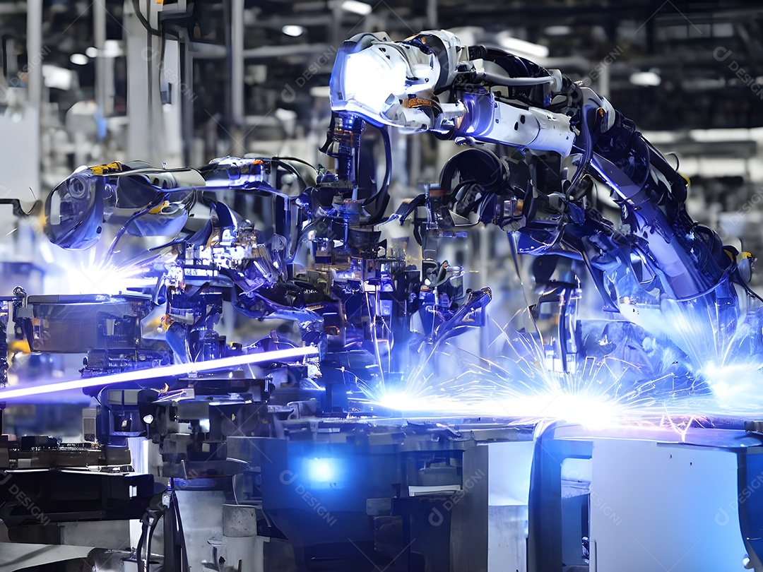 O braço robótico industrial moderno de alta tecnologia na linha de produção da fábrica está sendo soldado.